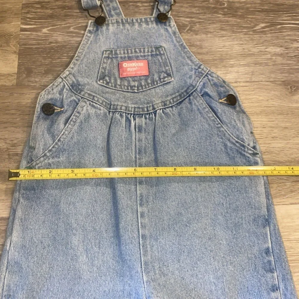 VTG OshKosh B’gosh Overalls 4T Pink Patch Snap Leg Blue Denim Bib Pants Toddler